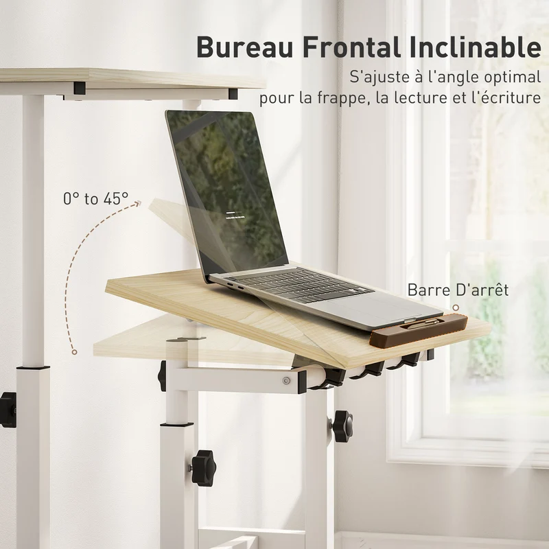 Bureau assis debout réglable hauteur 60 x 60 x 70,5-120 cm inclinable à roulettes double plateau moderne en MDF naturel 21_0002557