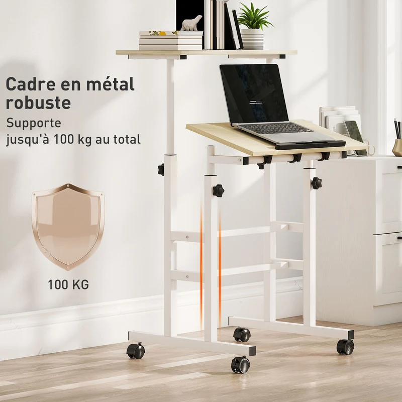 Bureau assis debout réglable hauteur 60 x 60 x 70,5-120 cm inclinable à roulettes double plateau moderne en MDF naturel 21_0002557