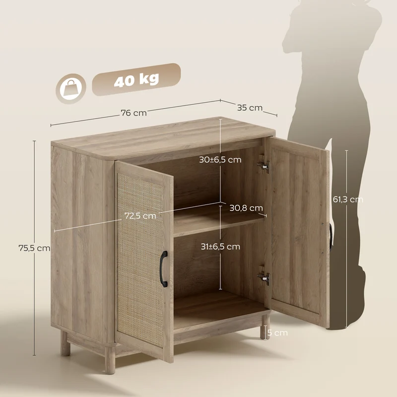 Buffet arrondi rangement 76 x 35 x 75,5 cm étagère réglable portes rotin bords arrondis rustique salon en rotin chêne 21_0003551