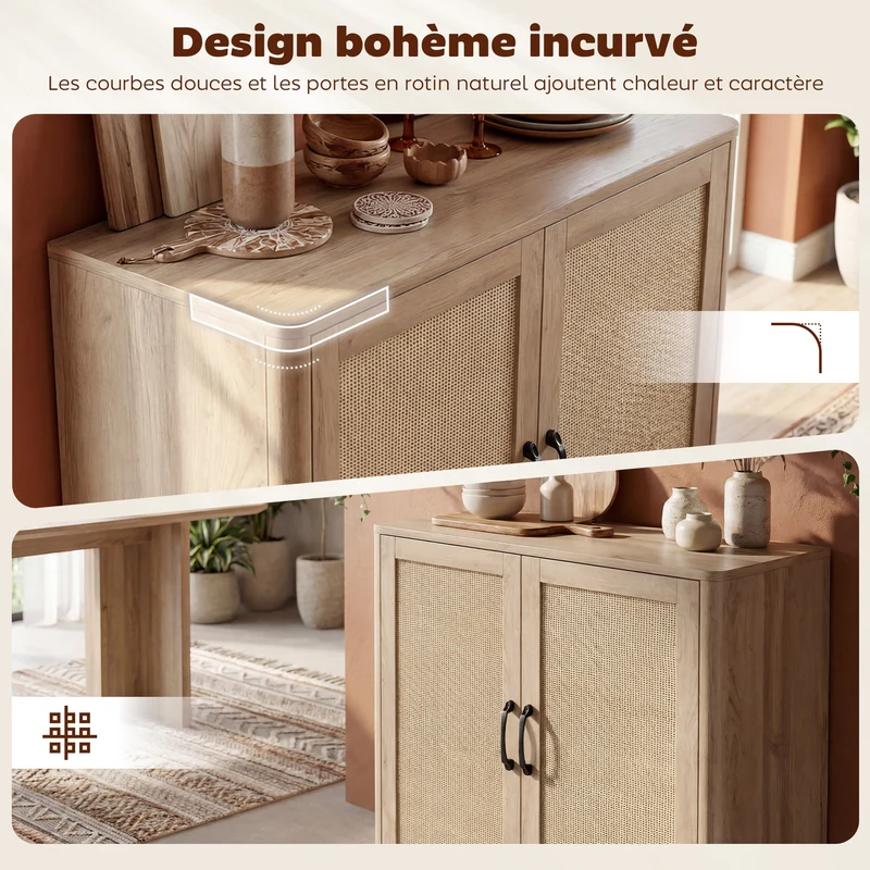 Buffet arrondi rangement 76 x 35 x 75,5 cm étagère réglable portes rotin bords arrondis rustique salon en rotin chêne 21_0003551
