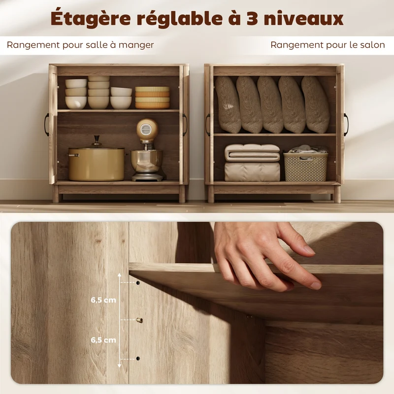 Buffet arrondi rangement 76 x 35 x 75,5 cm étagère réglable portes rotin bords arrondis rustique salon en rotin chêne 21_0003551