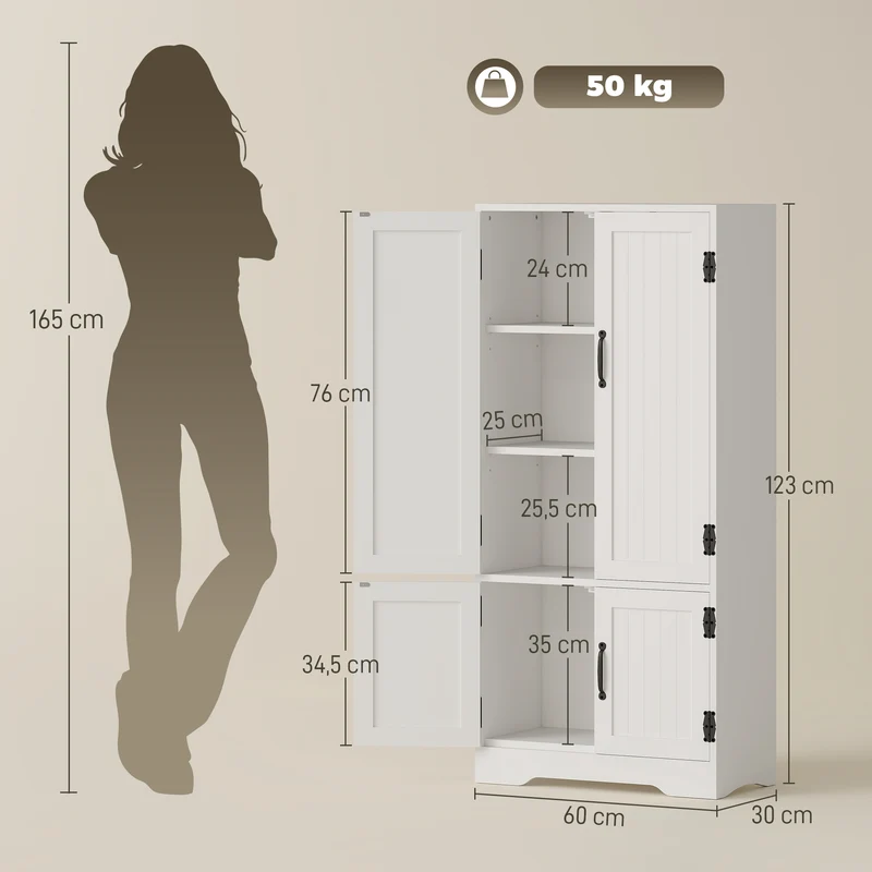 Buffet armoire de cuisine 60 x 30 x 123 cm 2 portes 3 étagères sécurisé contemporain épuré finition mate en MDF blanc 21_0002616