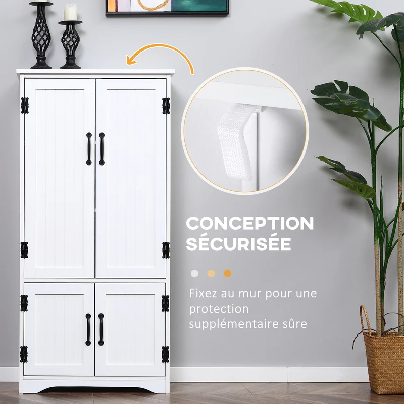 Buffet armoire de cuisine 60 x 30 x 123 cm 2 portes 3 étagères sécurisé contemporain épuré finition mate en MDF blanc 21_0002616