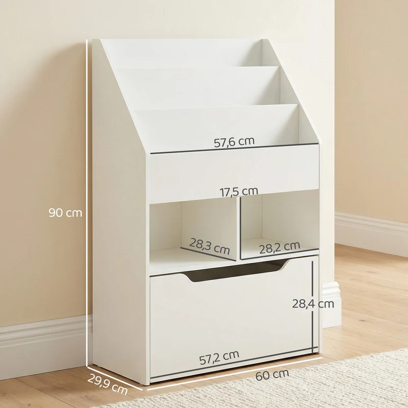 Bibliothèque enfant 60 x 29.9 x 90 cm 3 étagères 2 niches tiroir à roulettes antibasculement style moderne en MDF blanc 21_0000147