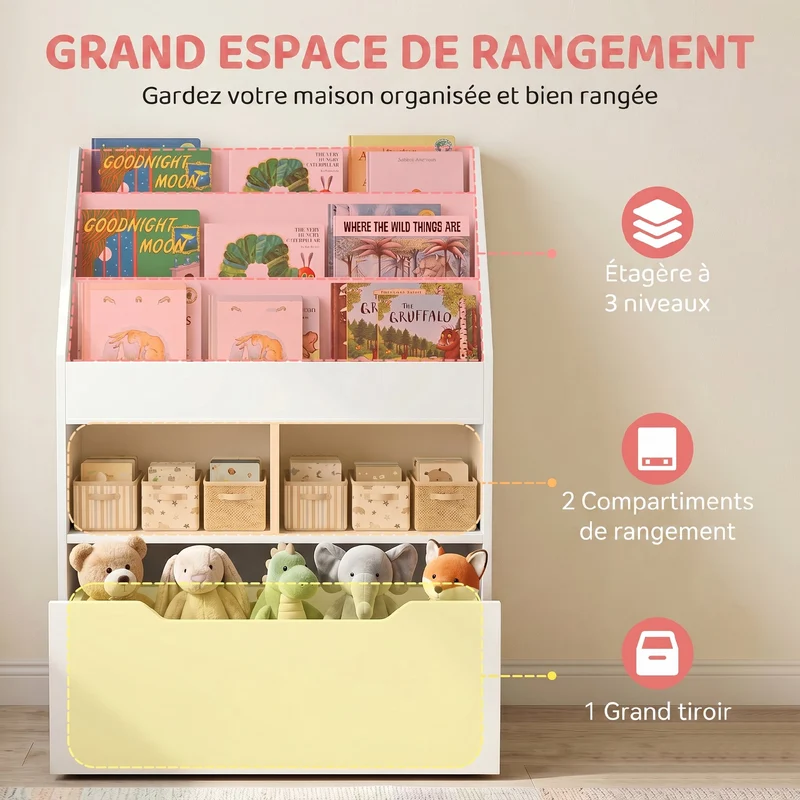 Bibliothèque enfant 60 x 29.9 x 90 cm 3 étagères 2 niches tiroir à roulettes antibasculement style moderne en MDF blanc 21_0000147