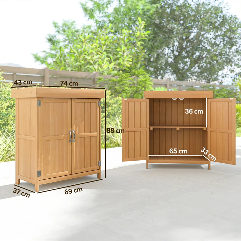 Armoire de jardin sur pied double porte 74 x 43 x 88 cm rangement optimisé toit relevable étanche rustique en bois beige 21_0004091