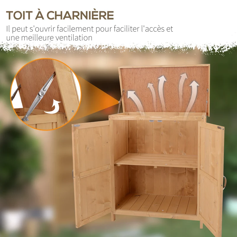 Armoire de jardin sur pied double porte 74 x 43 x 88 cm rangement optimisé toit relevable étanche rustique en bois beige 21_0004091