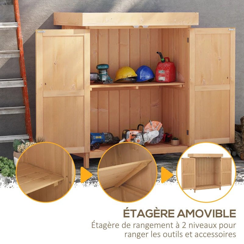 Armoire de jardin sur pied double porte 74 x 43 x 88 cm rangement optimisé toit relevable étanche rustique en bois beige 21_0004091