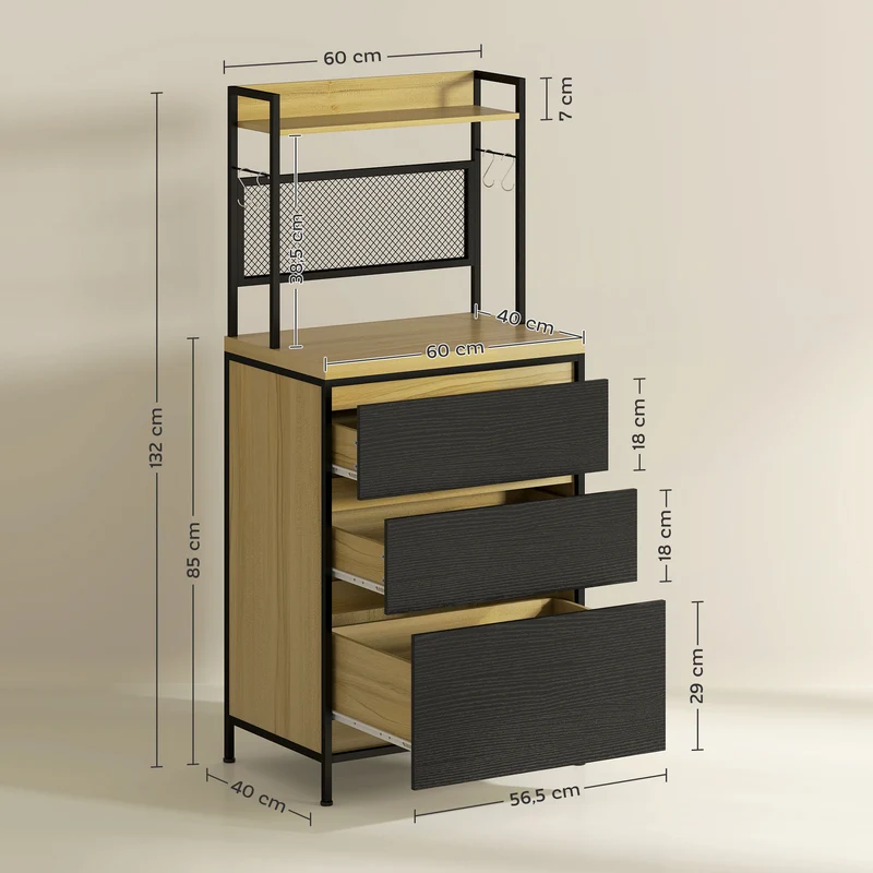 Armoire de cuisine avec comptoir pour micro-ondes et 3 tiroirs 60 x 40 x 132 cm rangement industriel en MDF bois naturel 21_0003280