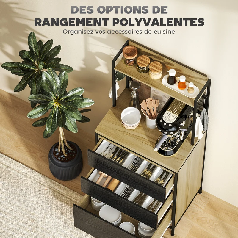 Armoire de cuisine avec comptoir pour micro-ondes et 3 tiroirs 60 x 40 x 132 cm rangement industriel en MDF bois naturel 21_0003280