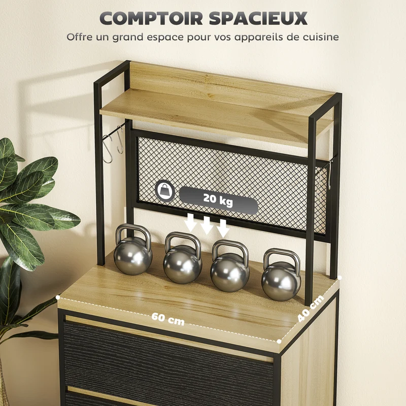 Armoire de cuisine avec comptoir pour micro-ondes et 3 tiroirs 60 x 40 x 132 cm rangement industriel en MDF bois naturel 21_0003280