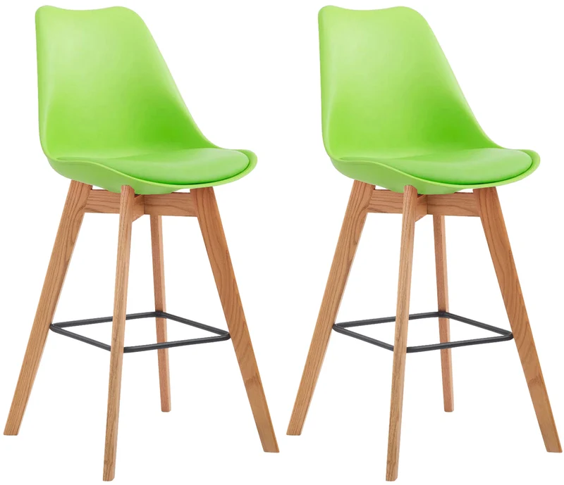 Lot de 2 tabourets de bar style scandinave avec assise en plastique et PVC vert et structure en bois naturel 10_0006451