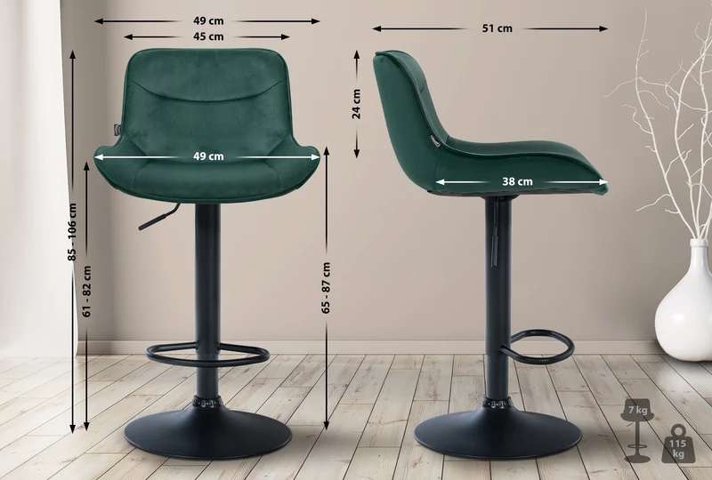 Tabouret de bar x1 pivotant forme ergonomique surpiqûres décoratives en velours vert cadre en métal noir 10_0006228