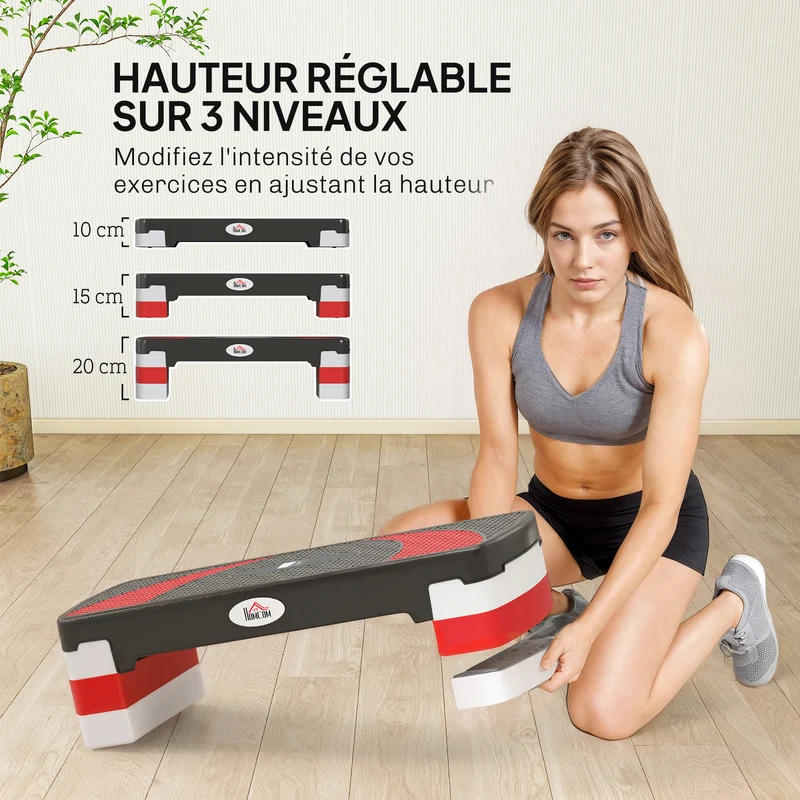 Stepper aérobie domestique 80 x 31 x 20 cm surface antidérapante hauteur réglable 3 niveaux moderne épuré en PP noir 21_0006682