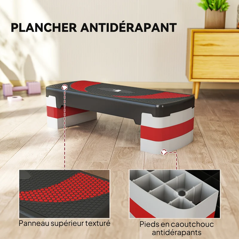 Stepper aérobie domestique 80 x 31 x 20 cm surface antidérapante hauteur réglable 3 niveaux moderne épuré en PP noir 21_0006682