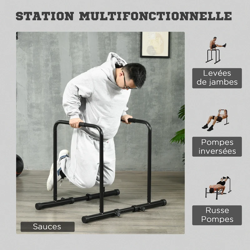 Station de musculation dips pour salon 90 x 65 x 80 cm hauteur réglable 6 positions antidérapante moderne en acier noir 21_0006815