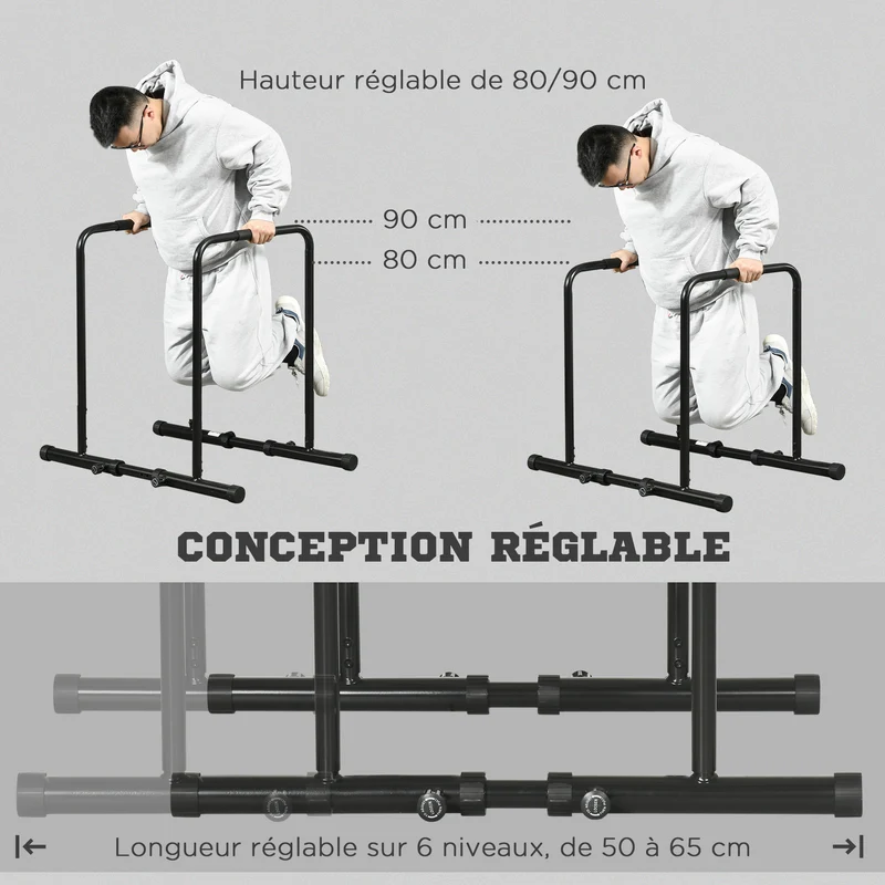 Station de musculation dips pour salon 90 x 65 x 80 cm hauteur réglable 6 positions antidérapante moderne en acier noir 21_0006815