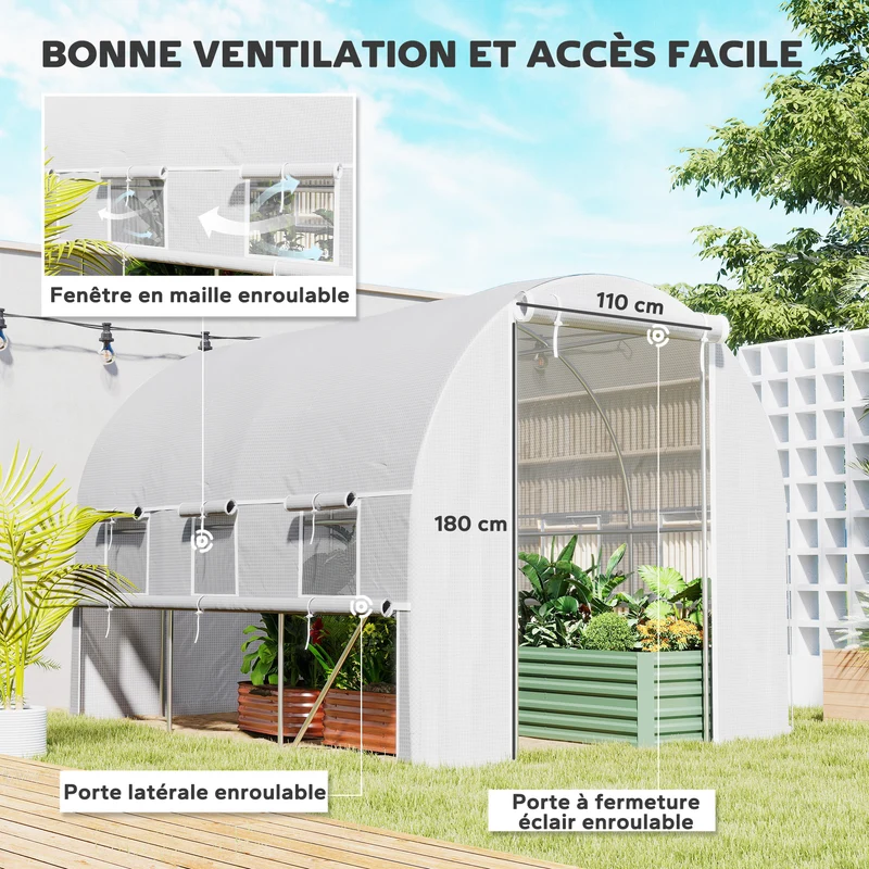 Serre tunnel de jardin 295 x 200 x 200 cm ventilation optimisée protection intempéries contemporain épuré en pe blanc 21_0004240