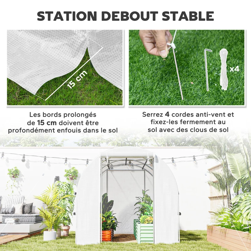 Serre tunnel de jardin 295 x 200 x 200 cm ventilation optimisée protection intempéries contemporain épuré en pe blanc 21_0004240