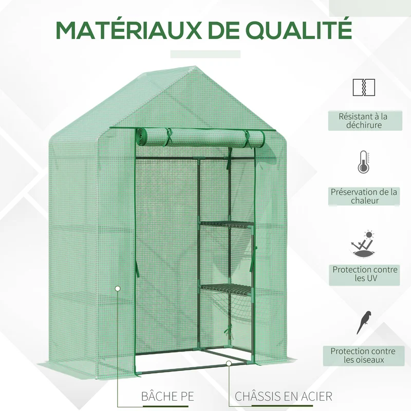 Serre de jardin balcon 141 x 72 x 191 cm protection semis 8 étagères porte fermeture éclair contemporain en acier vert 21_0004206