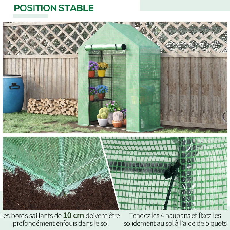 Serre de jardin balcon 141 x 72 x 191 cm protection semis 8 étagères porte fermeture éclair contemporain en acier vert 21_0004206