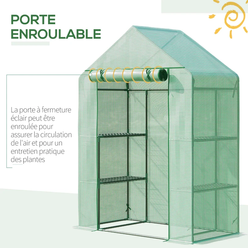 Serre de jardin balcon 141 x 72 x 191 cm protection semis 8 étagères porte fermeture éclair contemporain en acier vert 21_0004206