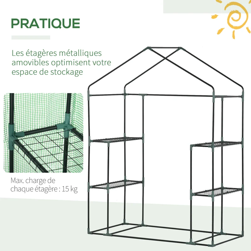 Serre de jardin balcon 141 x 72 x 191 cm protection semis 8 étagères porte fermeture éclair contemporain en acier vert 21_0004206