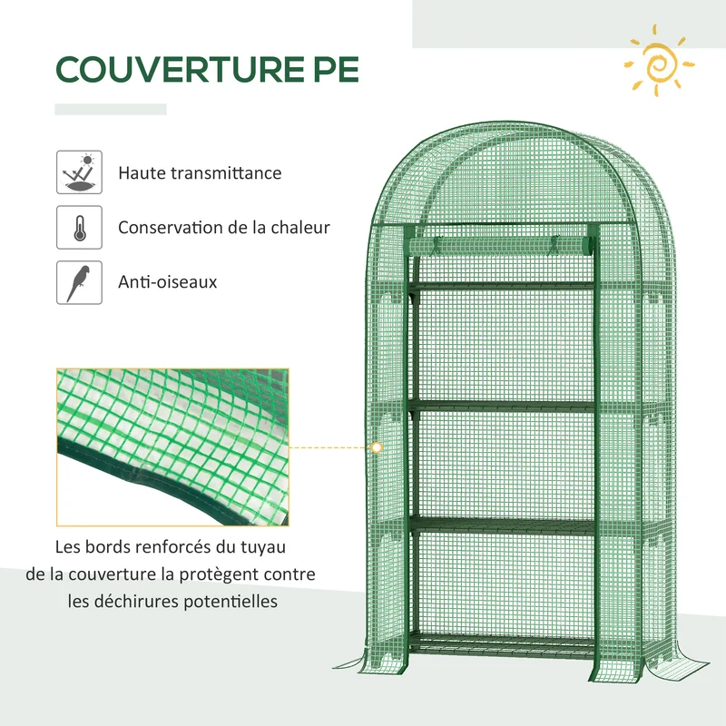 Serre de balcon 80 x 49 x 160 cm protection uv porte enroulable pratique 4 étagères moderne épuré en polyéthylène vert 21_0004237