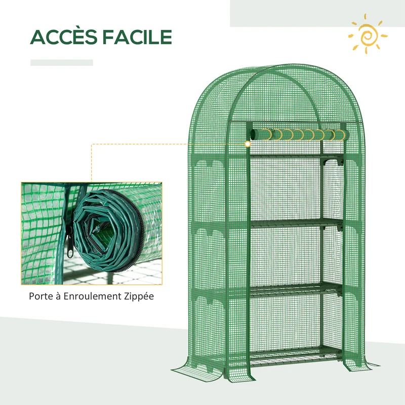 Serre de balcon 80 x 49 x 160 cm protection uv porte enroulable pratique 4 étagères moderne épuré en polyéthylène vert 21_0004237