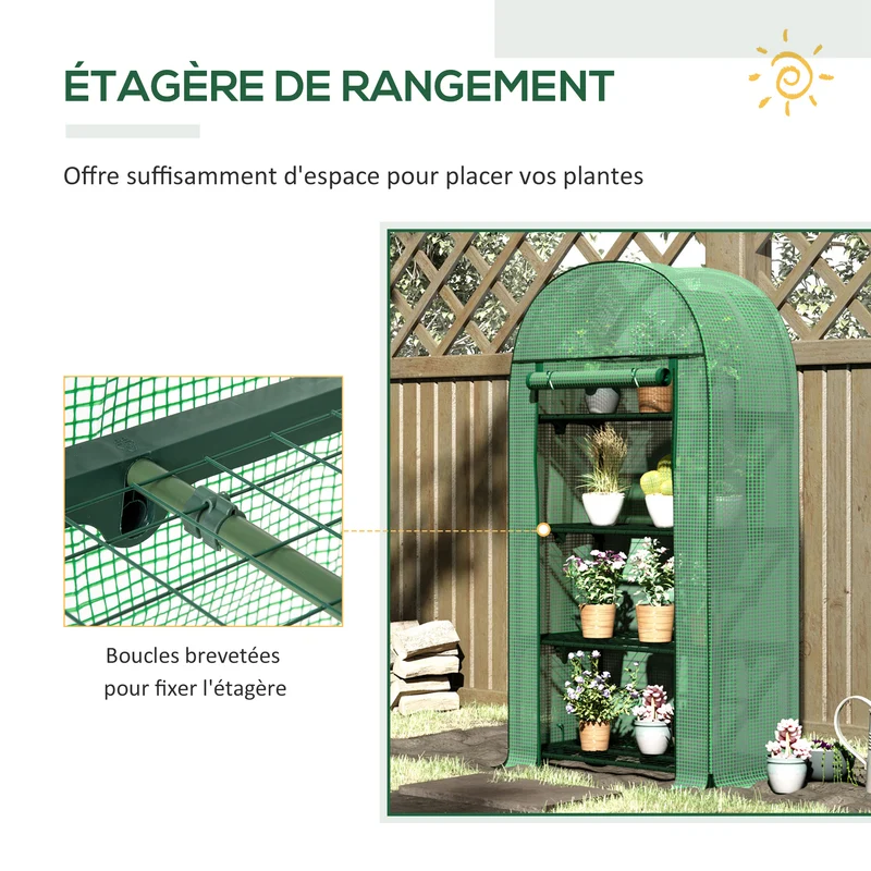 Serre de balcon 80 x 49 x 160 cm protection uv porte enroulable pratique 4 étagères moderne épuré en polyéthylène vert 21_0004237