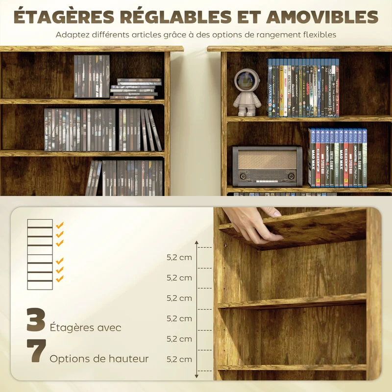 Rangement cd dvd 58 x 24 x 126 cm 360 cd 185 dvd sangle anti basculement style rustique en panneau de particules brun 21_0002521