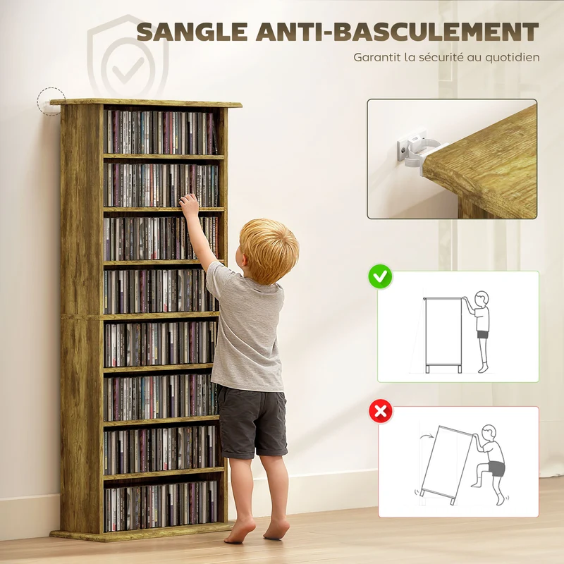 Rangement cd dvd 58 x 24 x 126 cm 360 cd 185 dvd sangle anti basculement style rustique en panneau de particules brun 21_0002521