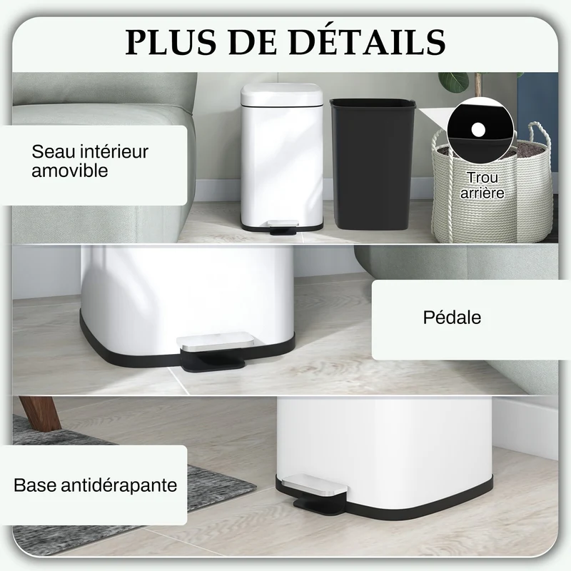 Poubelle de cuisine à pédale 28 x 35 x 45 cm couvercle silencieux seau amovible style très moderne épuré en métal blanc 21_0005919