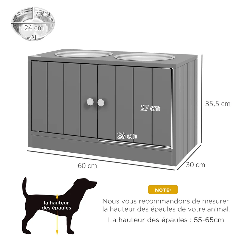 Porte-gamelles surélevé pour chien double 60 x 30 x 35,5 cm améliore posture et rangement moderne épuré en MDF gris 21_0007537