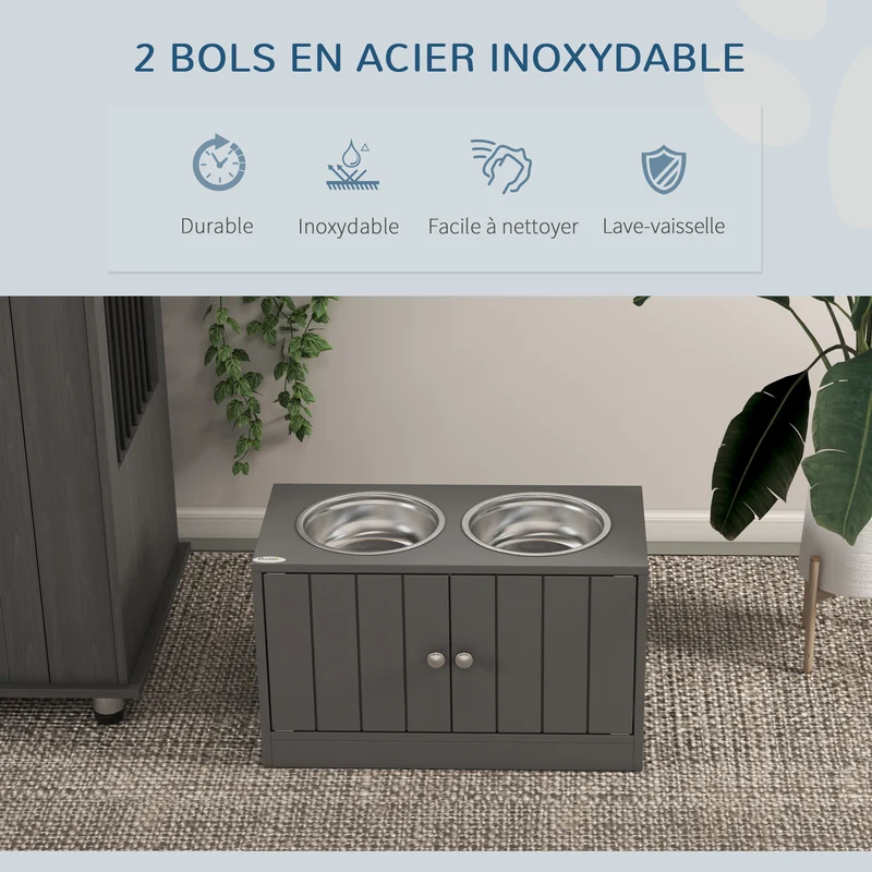 Porte-gamelles surélevé pour chien double 60 x 30 x 35,5 cm améliore posture et rangement moderne épuré en MDF gris 21_0007537