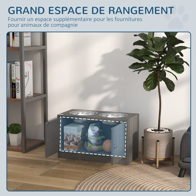 Porte-gamelles surélevé pour chien double 60 x 30 x 35,5 cm améliore posture et rangement moderne épuré en MDF gris 21_0007537