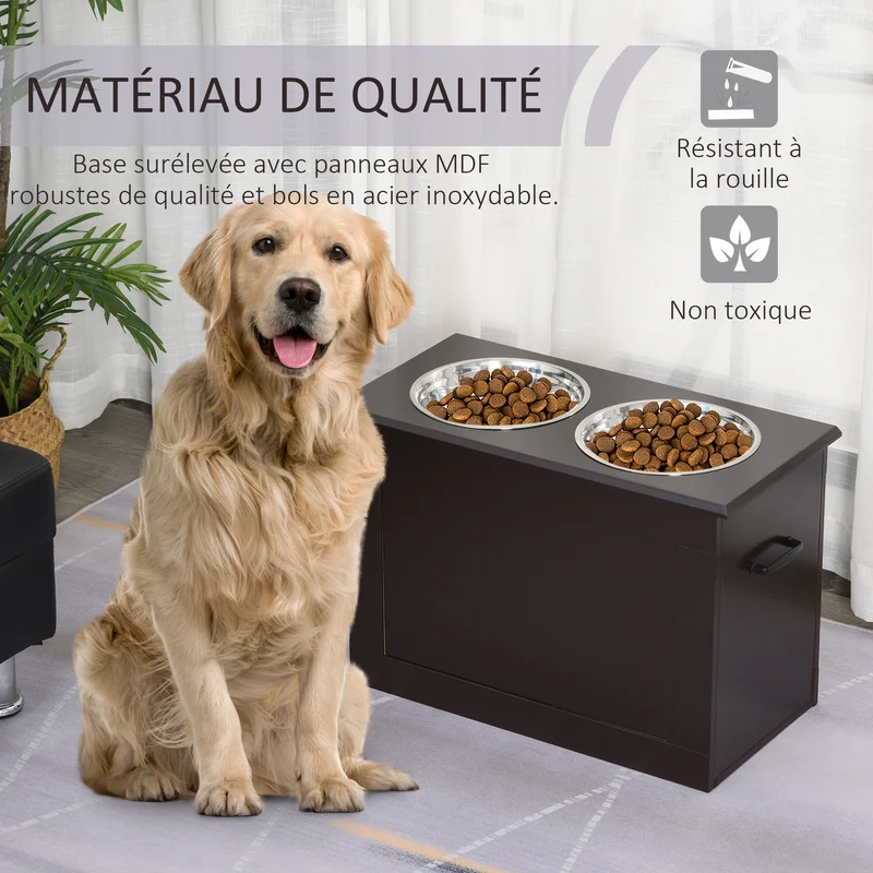 Porte-gamelles surélevé chien et chat 60 x 30 x 41 cm améliore posture rangement intégré design moderne en MDF chocolat 21_0007534