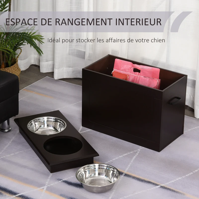 Porte-gamelles surélevé chien et chat 60 x 30 x 41 cm améliore posture rangement intégré design moderne en MDF chocolat 21_0007534