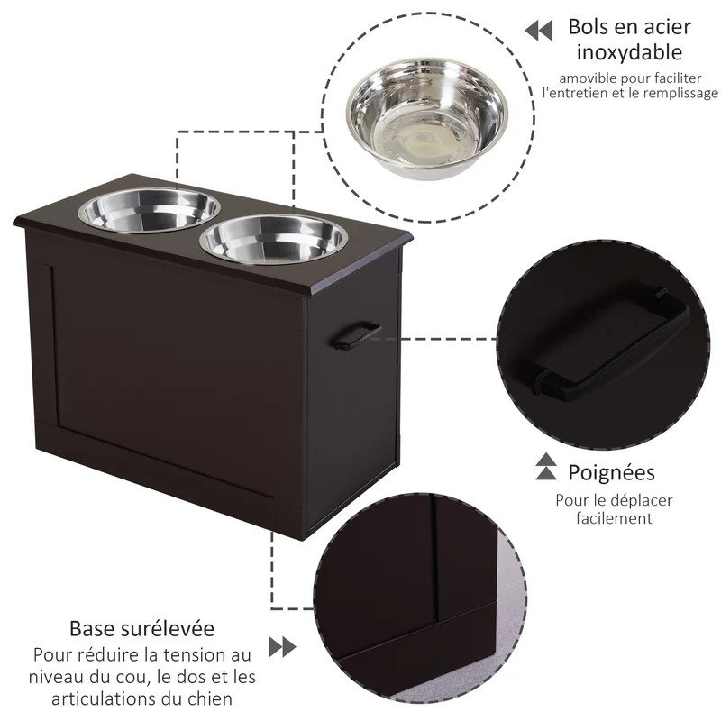 Porte-gamelles surélevé chien et chat 60 x 30 x 41 cm améliore posture rangement intégré design moderne en MDF chocolat 21_0007534