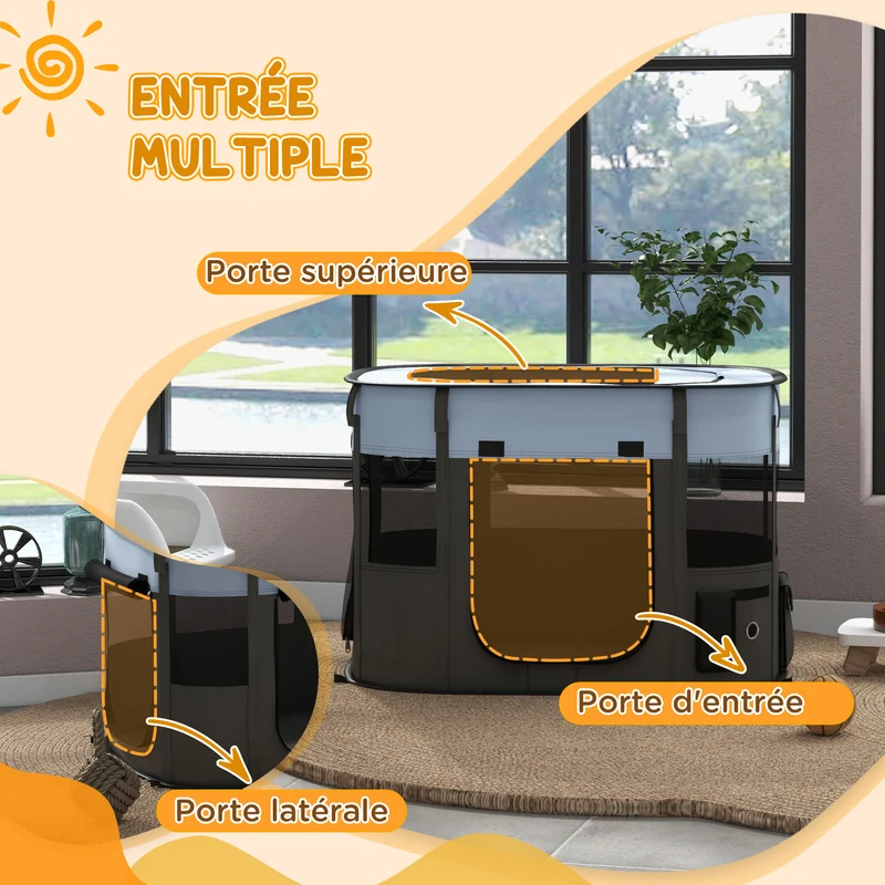 Parc enclos pliable pour petits animaux salon voyage 84 x 64 x 53 cm léger pliable moderne épuré en tissu oxford gris 21_0007455