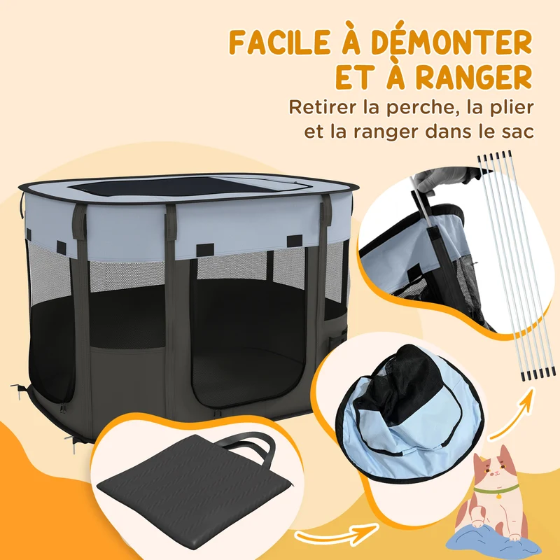 Parc enclos pliable pour petits animaux salon voyage 84 x 64 x 53 cm léger pliable moderne épuré en tissu oxford gris 21_0007455