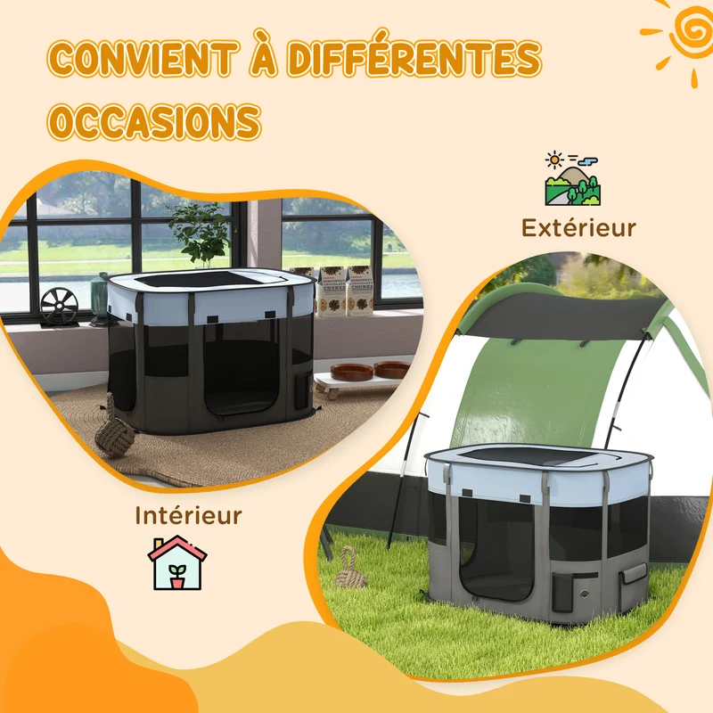 Parc enclos pliable pour petits animaux salon voyage 84 x 64 x 53 cm léger pliable moderne épuré en tissu oxford gris 21_0007455