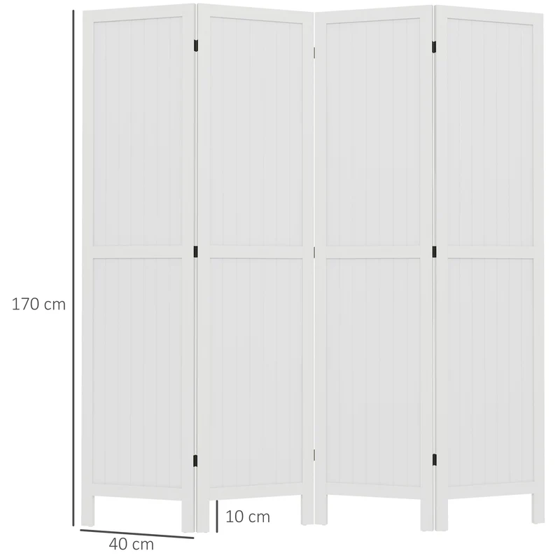 Paravent séparateur de pièce 4 panneaux 160 x 170 x 1,8 cm intimité modulable autoportant léger classique en bois blanc 21_0001296