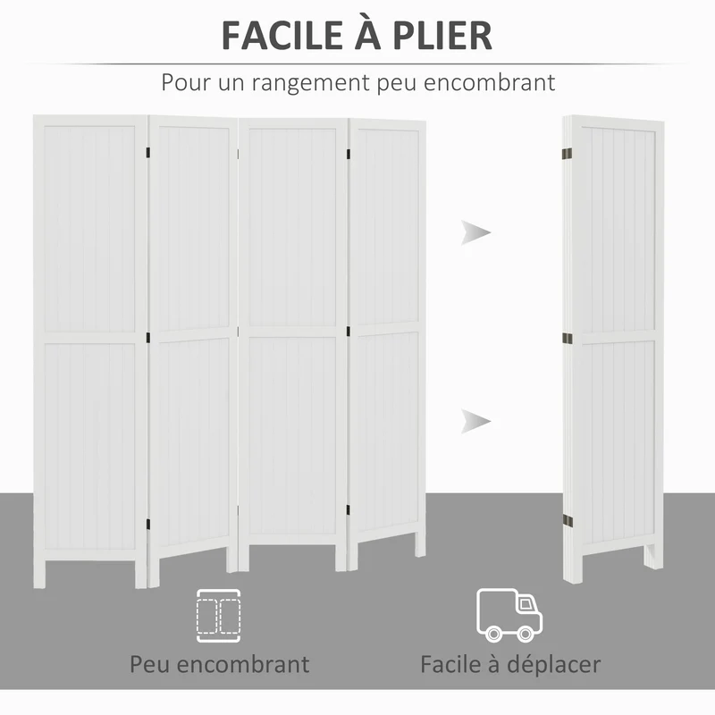 Paravent séparateur de pièce 4 panneaux 160 x 170 x 1,8 cm intimité modulable autoportant léger classique en bois blanc 21_0001296