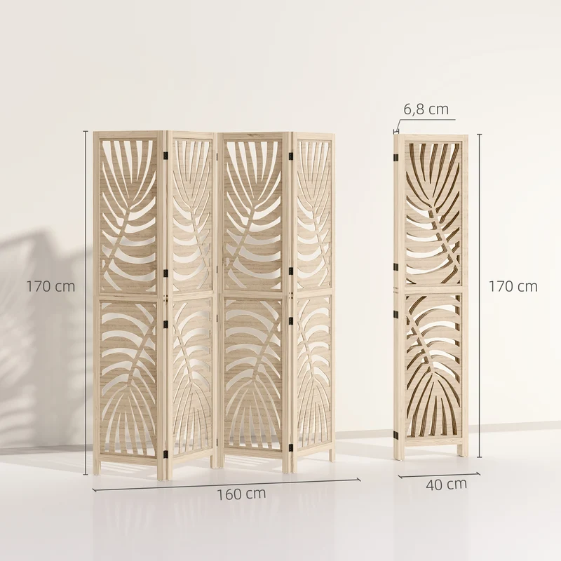 Paravent intérieur 4 panneaux 160 x 170 cm pliable et amovible motif feuille palmier design contemporain en bois naturel 21_0001383