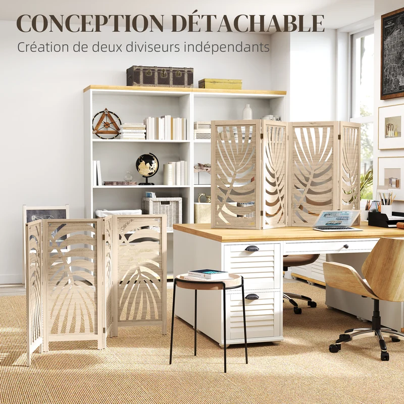 Paravent intérieur 4 panneaux 160 x 170 cm pliable et amovible motif feuille palmier design contemporain en bois naturel 21_0001383