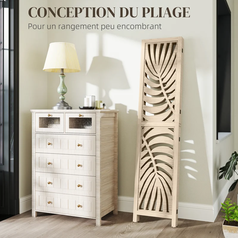 Paravent intérieur 4 panneaux 160 x 170 cm pliable et amovible motif feuille palmier design contemporain en bois naturel 21_0001383