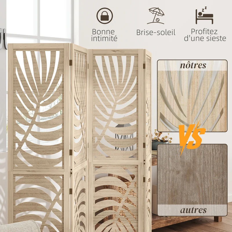 Paravent intérieur 4 panneaux 160 x 170 cm pliable et amovible motif feuille palmier design contemporain en bois naturel 21_0001383