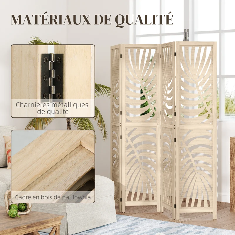 Paravent intérieur 4 panneaux 160 x 170 cm pliable et amovible motif feuille palmier design contemporain en bois naturel 21_0001383