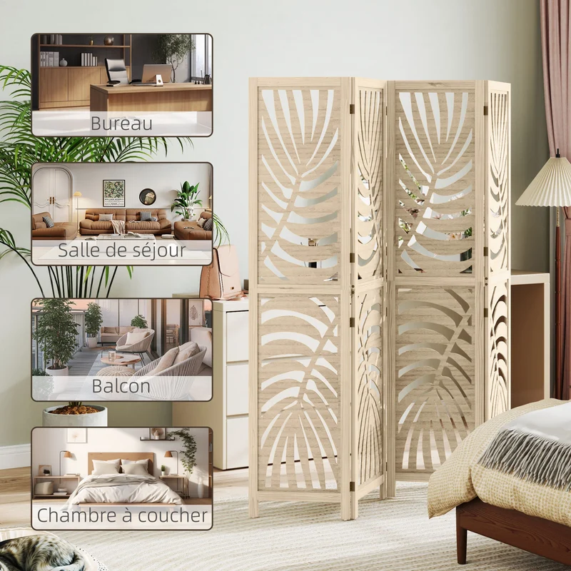 Paravent intérieur 4 panneaux 160 x 170 cm pliable et amovible motif feuille palmier design contemporain en bois naturel 21_0001383